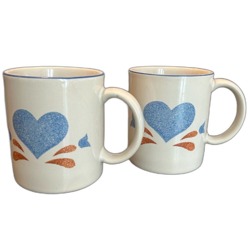Vintage Jay Imports Blue Hearts Stoneware Coffee Mugs Set of 2 Farmhouse Country